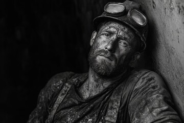 A gritty, monochrome portrait of a miner in dusty work clothes, gazing thoughtfully into the distance, embodying the determination and introspection of his trade.