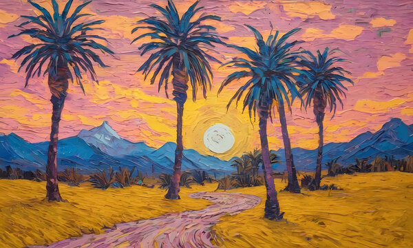 Dreamy tropical palm trees sunset in outrun retro vintage style painting