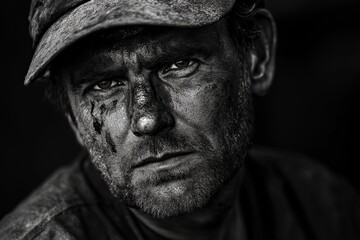 A compelling monochrome portrait of a man wearing a cap, with his face covered in dirt, exuding ruggedness, strength, and resilience.