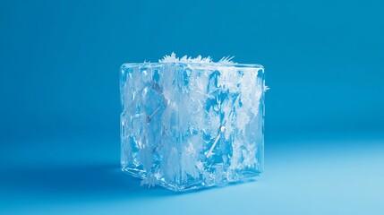 Obraz premium A single, clear ice cube with intricate, delicate, frosty crystals frozen inside sits on a solid blue background.