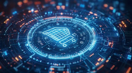Fototapeta premium .Abstract blue digital background with shopping cart icon on circular glowing line in the center - ai