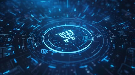 .Abstract blue digital background with shopping cart icon on circular glowing line in the center - ai