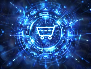 Fototapeta premium .Abstract blue digital background with shopping cart icon on circular glowing line in the center - ai