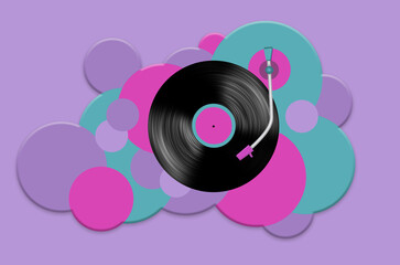 A vinyl record album is seen on a turn table  in a field of colorful circles that is a 3-d illustration about classic vinyl albums.