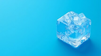 Obraz premium Closeup of a single ice cube on a bright blue background.