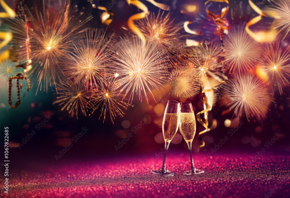 Poster two champagne flutes sit on a sparkling surface with fireworks exploding behind them.