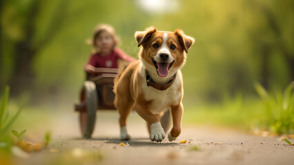 Obraz premium A Heartwarming Scene of a Playful Dog Struggling to Pull a Carriage Filled with Joy and Determination