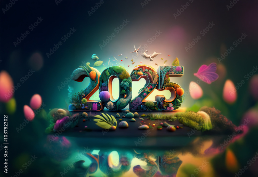 Poster a vibrant illustration of the year 2025, composed of a 3d rendering with nature-inspired elements, s