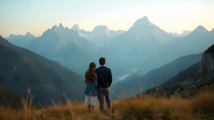 Obraz premium A Romantic Couple Enjoying a Breathtaking View of Majestic Mountains, Celebrating Their Love in Nature