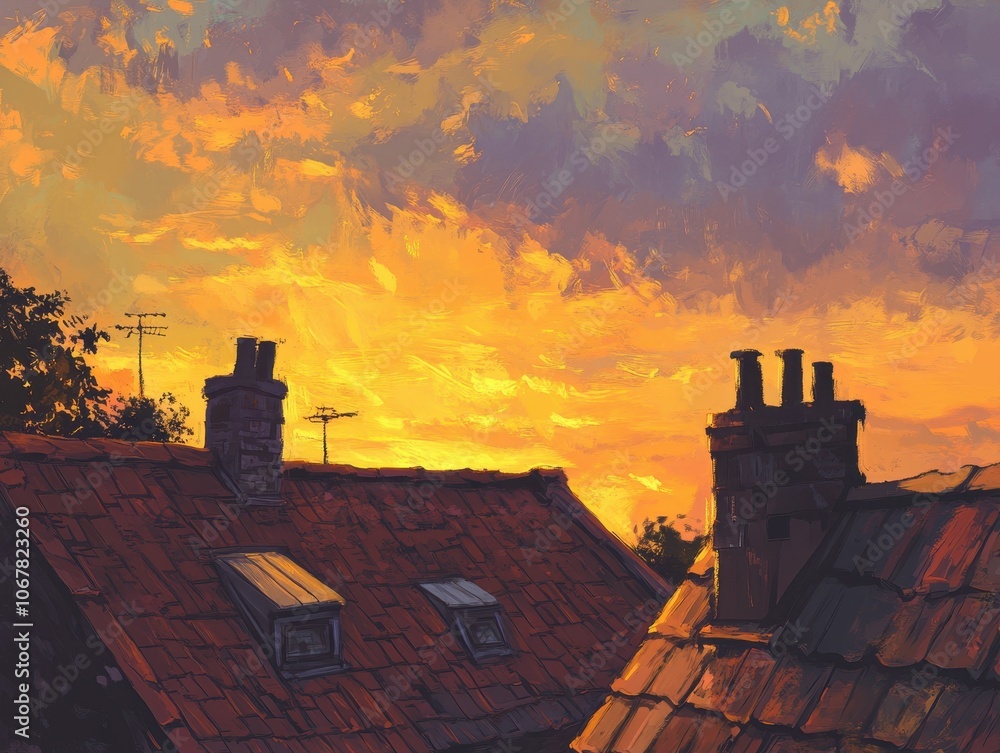 Poster enjoy a soft sunset over rooftops with an empty sky perfect for text integration