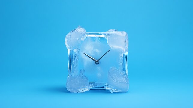 A clock encased in ice, frozen in time, against a bright blue background.