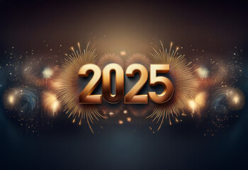 Golden 2025 in bold 3D lettering against a dark background with glittering fireworks.
