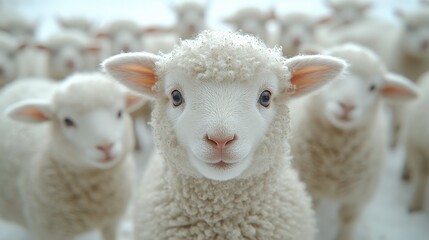 Fototapeta premium Close-up of baby lambs surrounded by sheep in a peaceful rural pen