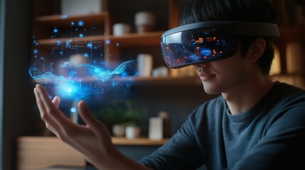 Person futuristic headset office holographic displays data immersive technology. AI generated
