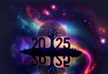 A silhouette of a tree stands between the years 2025 and 3032, surrounded by a swirling galaxy of vibrant colors.