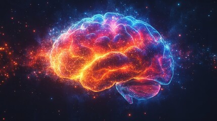 Colorful digital brain silhouette glowing against a dark cosmic background