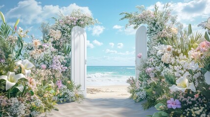 A tranquil beach entrance adorned with vibrant flowers and lush greenery under a clear blue sky
