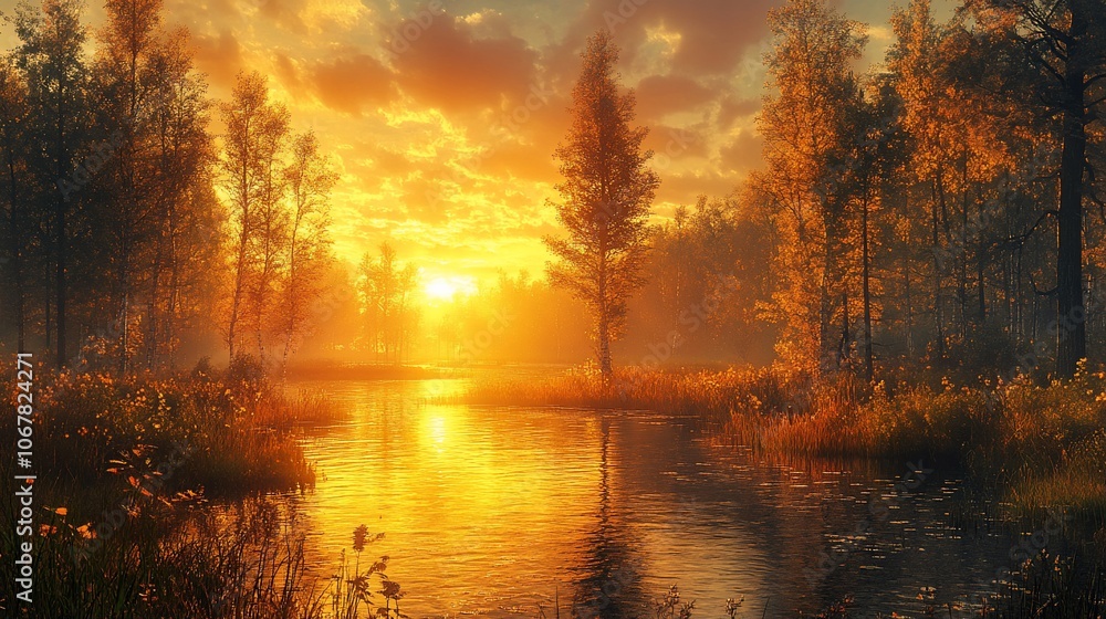 Poster a scenic view of a river flowing through a forest at sunset. the sun is setting behind the trees, cr