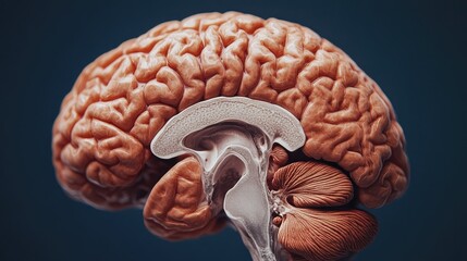 Detailed Anatomical Illustration of the Human Brain with Cross-Sectional View Highlighting Cerebral Structures on a Dark Background