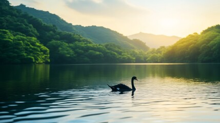 Obraz premium Japanese black swan, serene lake setting, gentle ripples on water