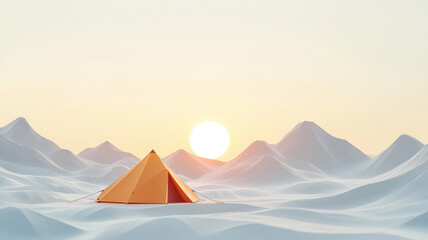 scenic mountain landscape with tent at sunrise, evoking tranquility