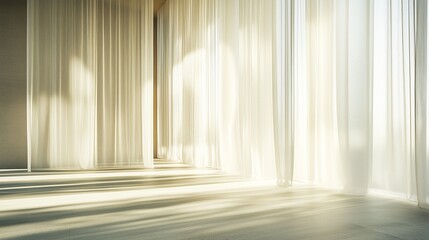 Minimalist interior with layered curtains softly filtering natural light, creating a serene ambiance. AI generated