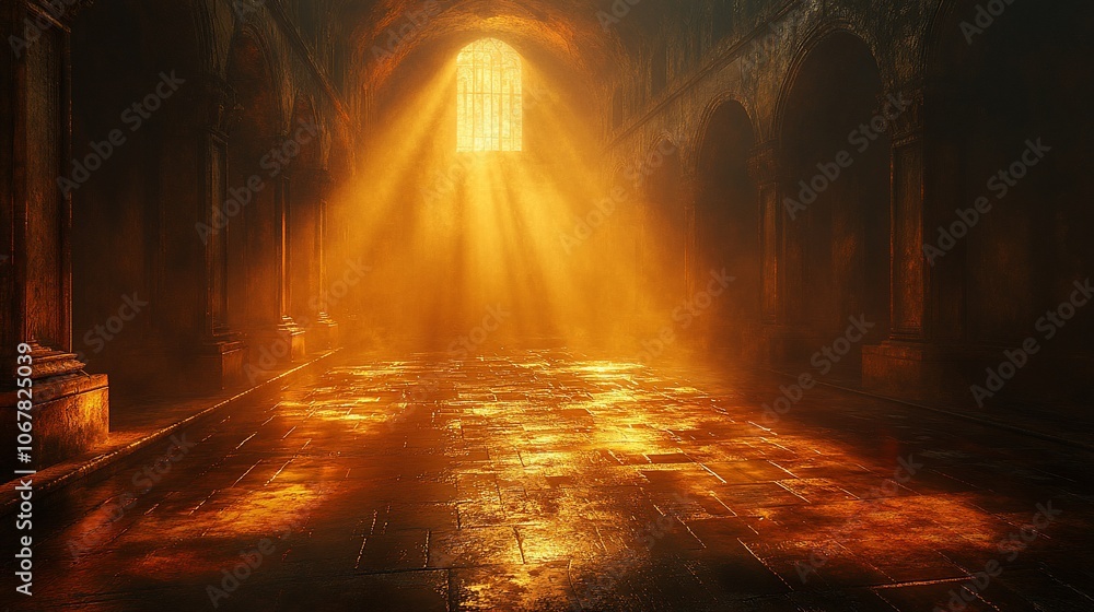 Poster a single beam of light shines through a window in a dark, stone hallway, illuminating the floor and 