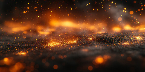 Naklejka premium golden particles floating and swirling in the center of a dark, empty room, casting a warm glow and creating a mysterious, ethereal ambiance with a hint of wonder