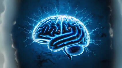 Abstract brain with glowing connections on blue background.