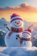 Cute snowman in heavy snow covered wild field at sunrise