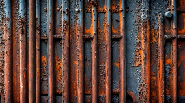 A close up of an aged, weathered metal surface showcasing intricate rust patterns and textures, emphasizing industrial aesthetics
