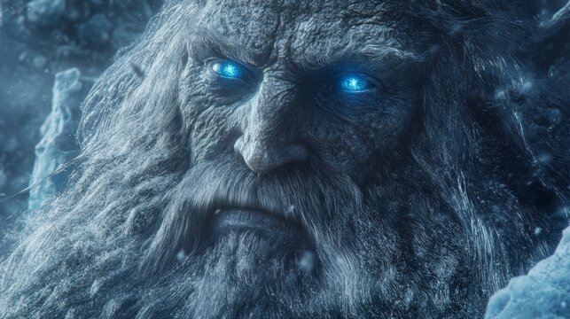 Skrymrir, a colossal Jotun, with piercing blue eyes and a long, flowing beard of ice, standing on a frozen peak