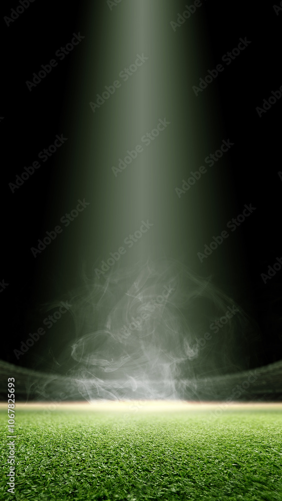 Poster empty football stadium with fog and mist on green field. the field is ready for a game