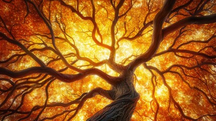 A close-up view of a majestic autumn tree, highlighting its brilliant leaves in stunning detail