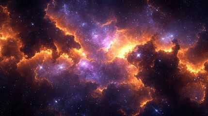 A cosmic nebula with swirling clouds of gas and dust, illuminated by distant stars, creating a celestial tapestry of vibrant colors.