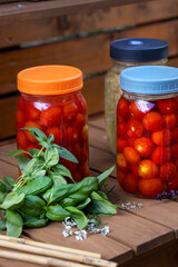 Fermentation of cherry tomatoes and cabbage on a wood garden cart with basil leaves and straw hat