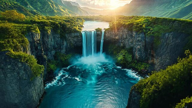 Wide angle static shot: The camera is angled down at a waterfall cascading from a cliff into a pool of water. The surrounding landscape is lush and green, with mountains in the background.
