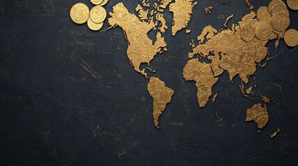 A golden world map over a dark background with scattered coins, symbolizing wealth and global economy.