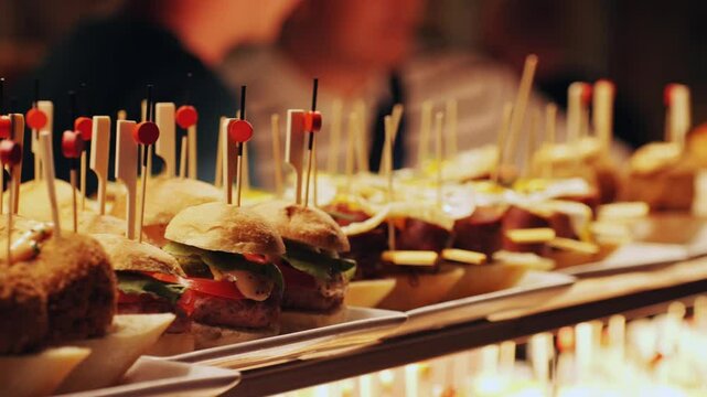 Italian or Spanish restaurant with traditional tapas pinchos food, Spanish cuisine, delicious tapas and cheese plate, bruschetta with cheese, olives dry tomatoes tasty sandwich bar appetizer, buffet