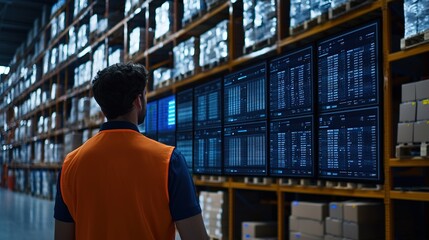 A warehouse worker monitors data on screens while surrounded by shelves stocked with boxes, demonstrating the integration of technology in logistics.