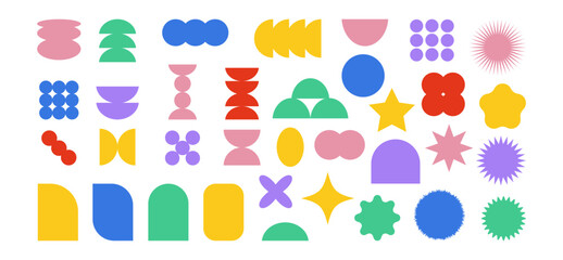 Modern Y2k Collection of colorful brutal contemporary elements flower star oval circle and other shapes. Trendy abstract graphic design elements on white background. Vector