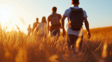 A group of friends strolls through a wheat field as the sun sets. Group walking through golden wheat field during sunset in warm weather