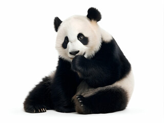 A panda bear sitting with paws on its chin, isolated on a white background