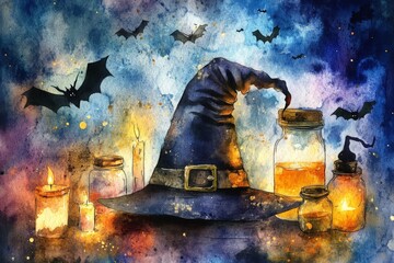 A witch’s pointy hat is surrounded by glowing candles and jars, set against a colorful background with silhouetted bats flying, capturing a whimsical magical aura.