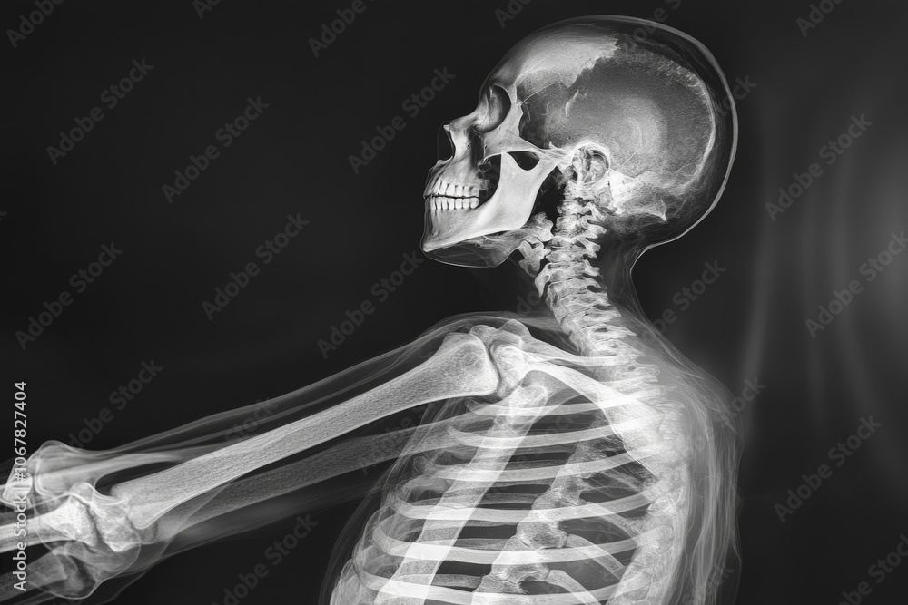 Poster this image displays an x-ray view of a human skeleton from the side, highlighting the skull, spine, 