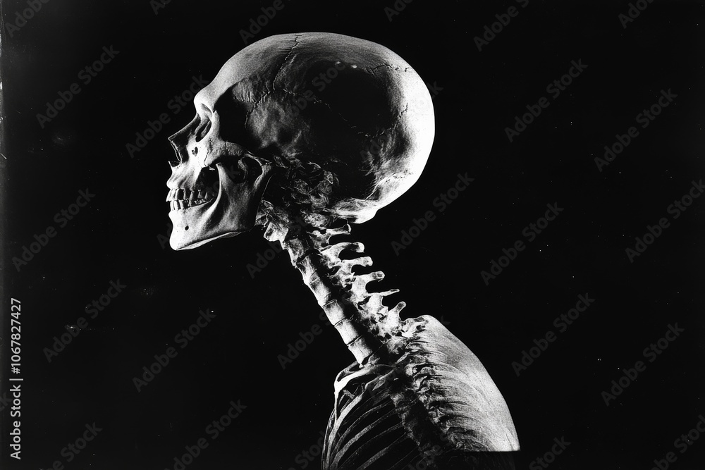 Aufkleber a side profile x-ray depicting a human skull, exposing the fine structure of bones and teeth, all se