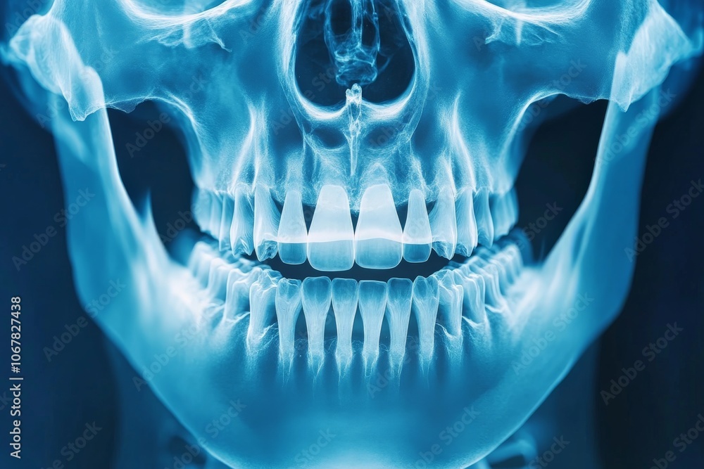 Aufkleber a front-facing x-ray of a human skull, showcasing the intricate bone and jaw structures with an ethe