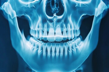 A front-facing x-ray of a human skull, showcasing the intricate bone and jaw structures with an ethereal blue light highlighting every subtle feature.