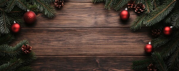 Fir branch with Christmas decorations on an old wooden brown background. Copy space for text.