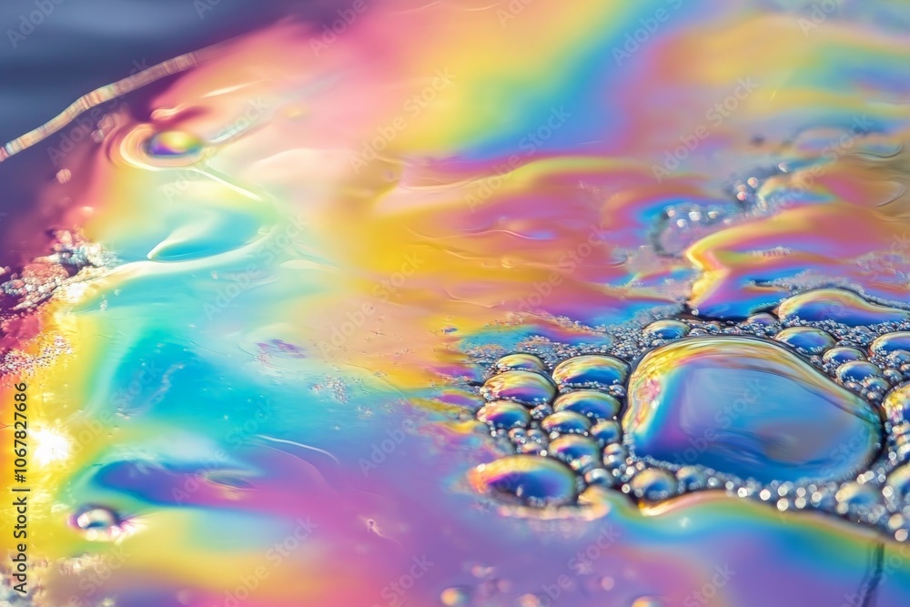 Poster a captivating image of a colorful liquid surface filled with vivid rainbow bubbles, highlighting the
